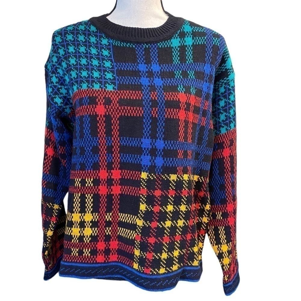 VINTAGE TOFFS size medium cotton blend colorful striped sweater round ne…